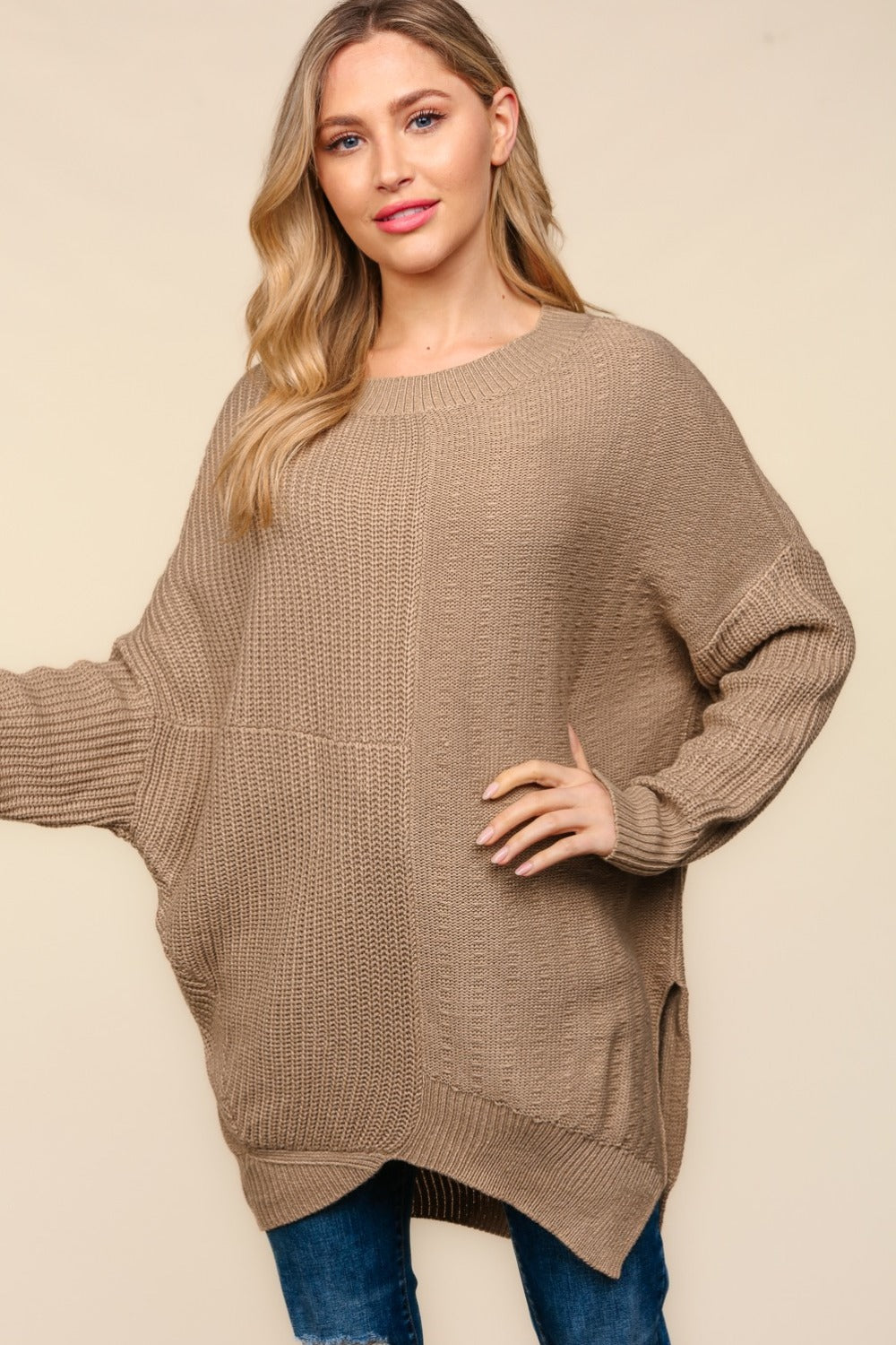 Haptics Side Slit Texture Asymmetric Sweater In Taupe