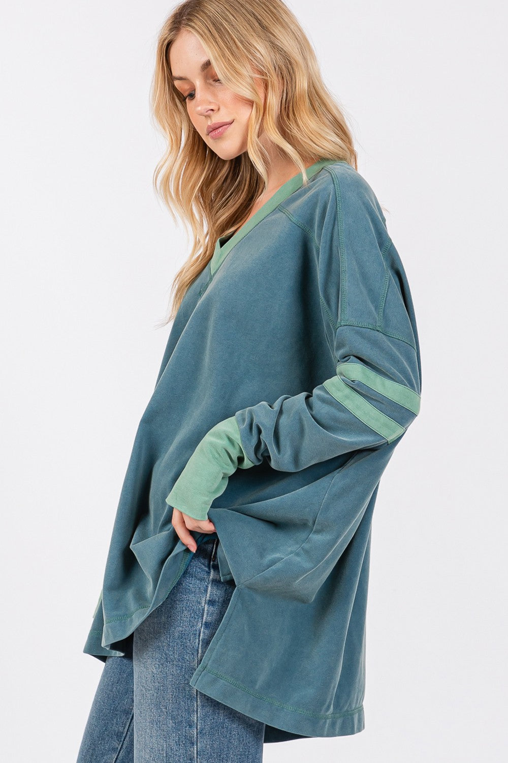 SAGE + FIG Mineral Wash Side Slit Contrast Top In Teal