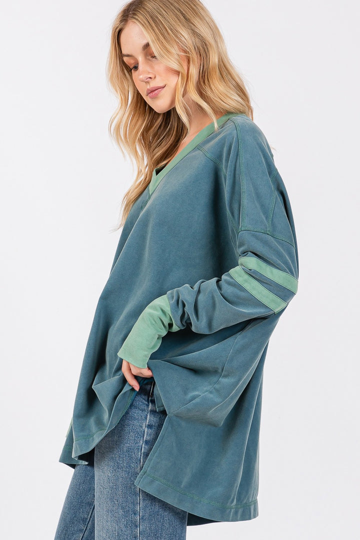 SAGE + FIG Mineral Wash Side Slit Contrast Top In Teal
