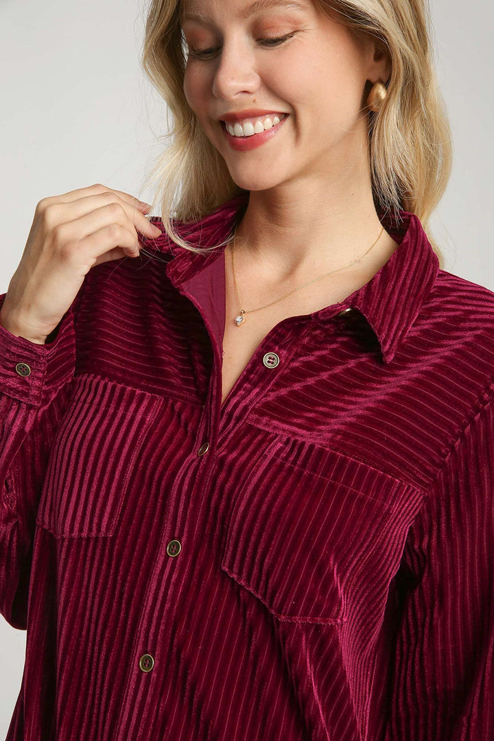 Umgee Texture Curved Shirt Dress In Burgundy