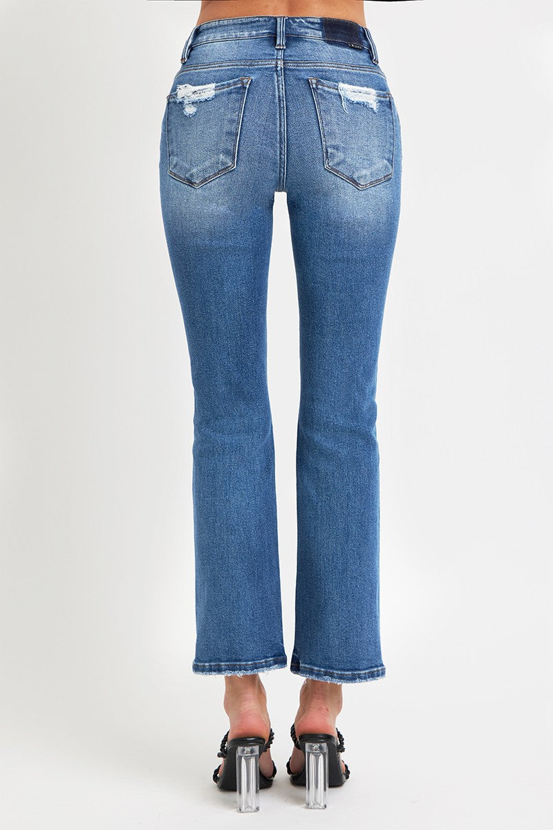 RISEN Mid Rise Ankle Straight Jeans with Pockets In Dark Wash