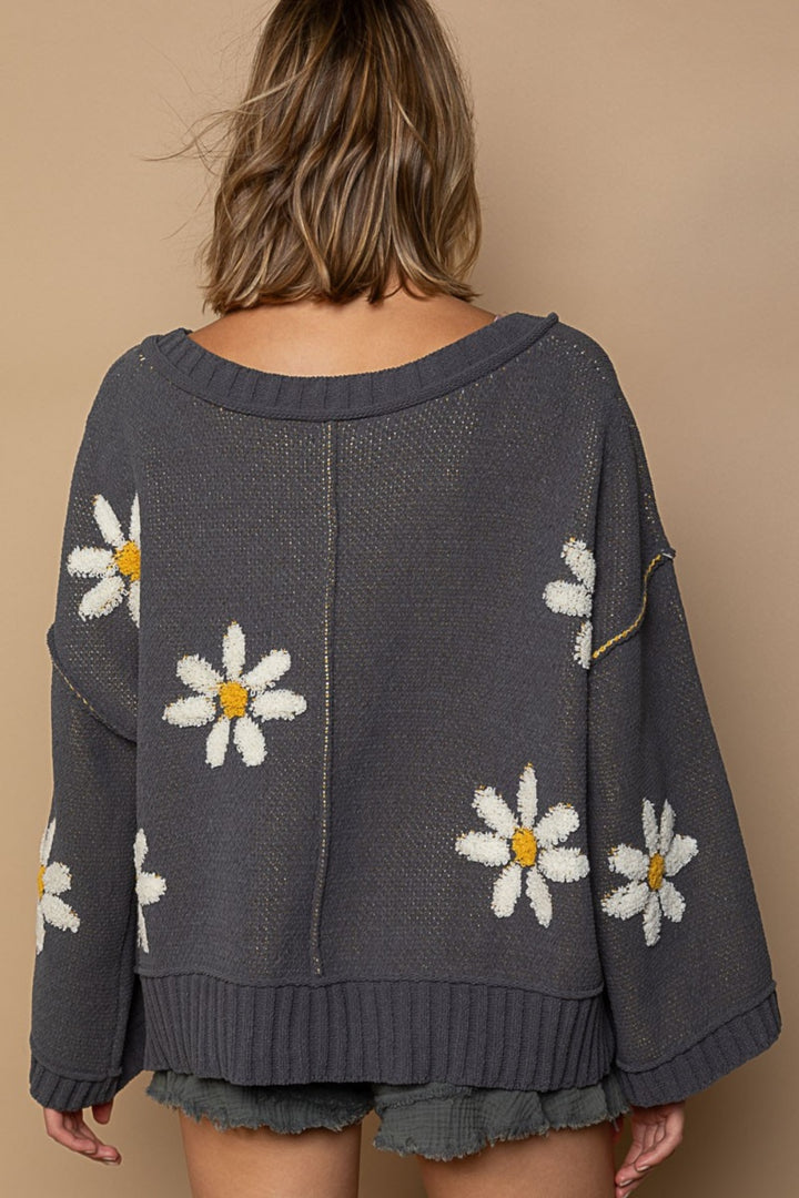 POL V-Neck Floral Pattern Chenille Sweater In Charcoal