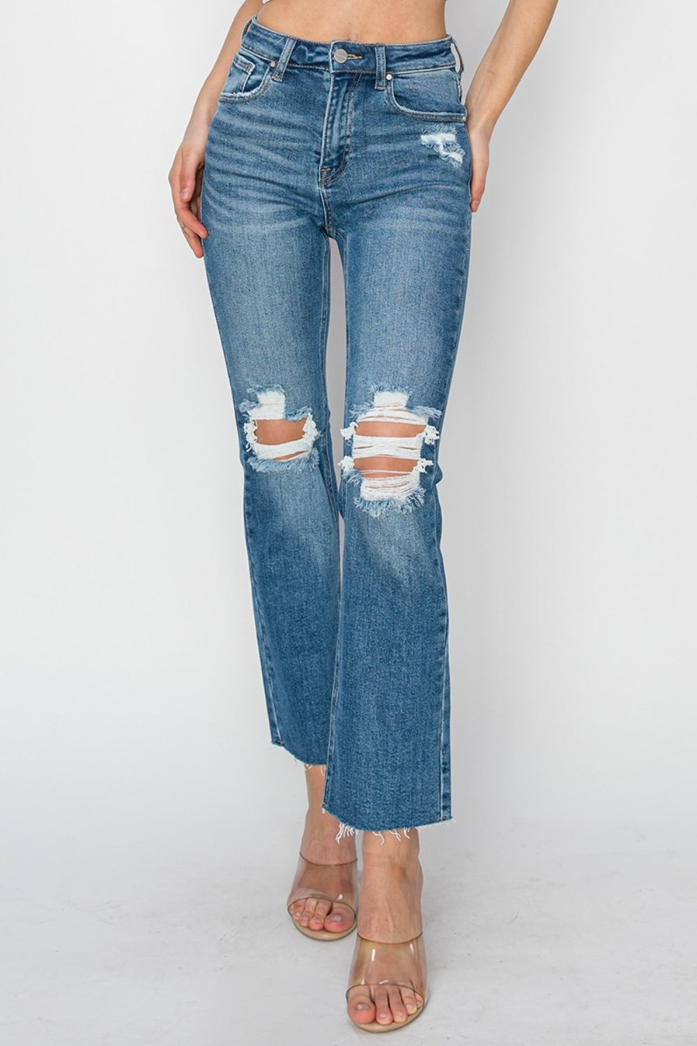 RISEN Blue High Rise Distressed Ankle Jeans