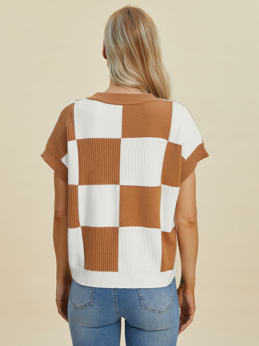 Double Take Checkered Short Sleeve Sweater