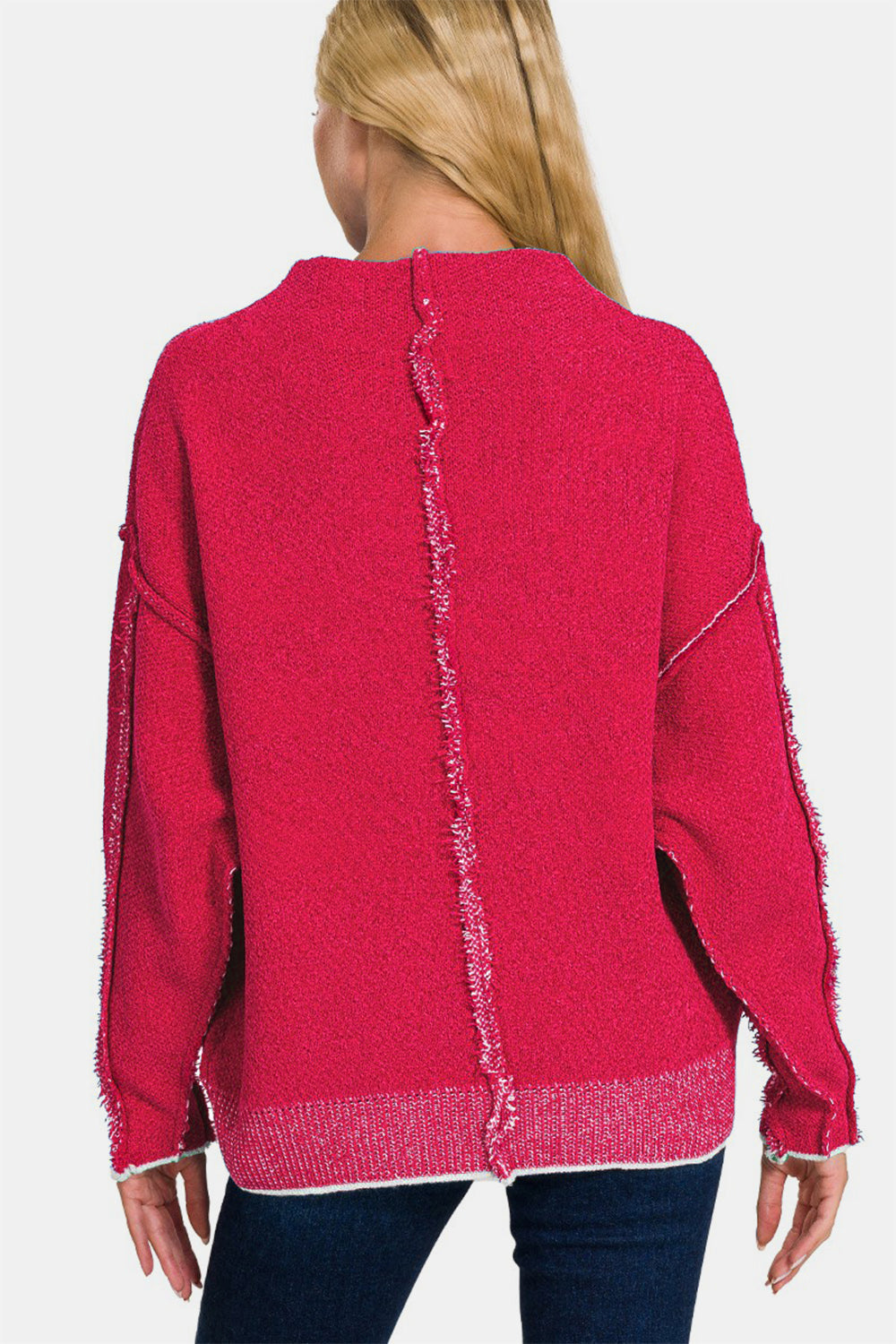 Zenana Exposed Seam Mock Neck Sweater In Viva Magenta