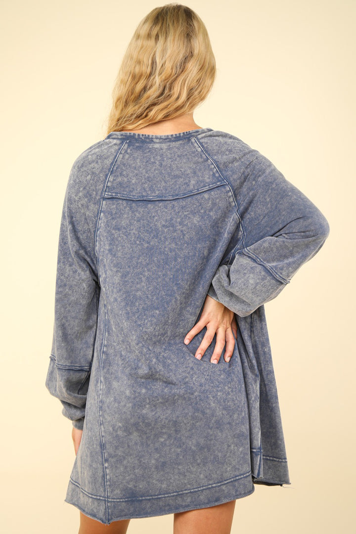 VERY J Mineral Washed Oversized A-Line Mini Dress In Denim