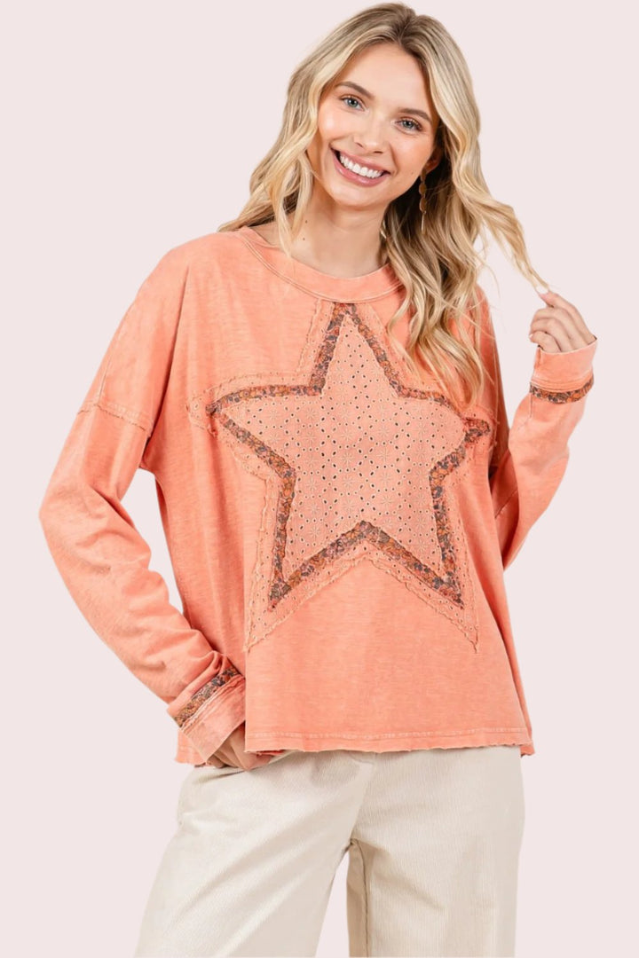 Mittoshop Mineral Wash Star Patch Long Sleeve T-Shirt In Coral Cream