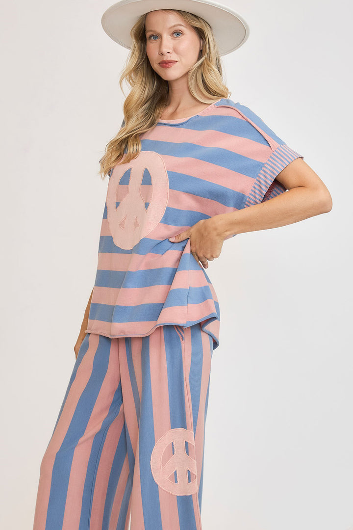 Umgee Peace Sign Patch Striped Top In Dusty Blue