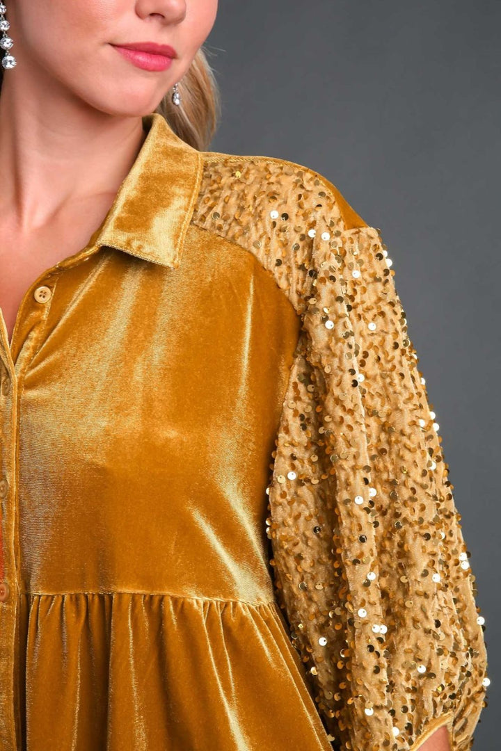 Umgee Sequin Detail Tiered Top In Mustard