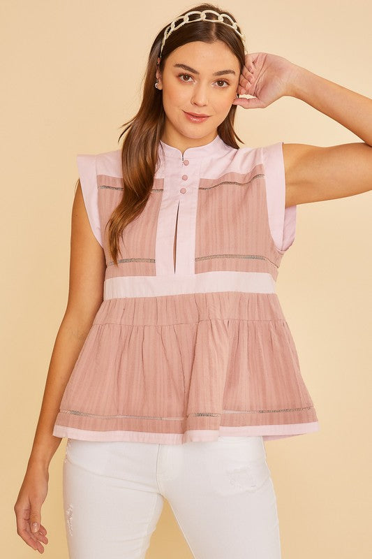 Annie Wear Contrast Trim Peplum Blouse In Dusty Pink