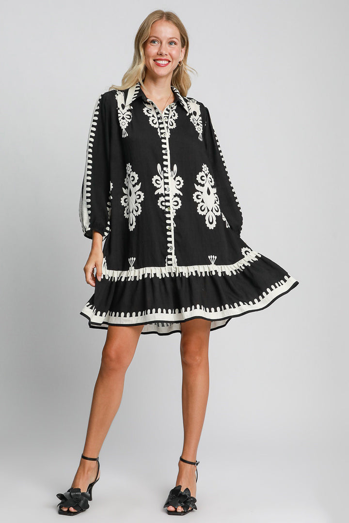 Umgee Border Print Ruffled Hem Dress In Black