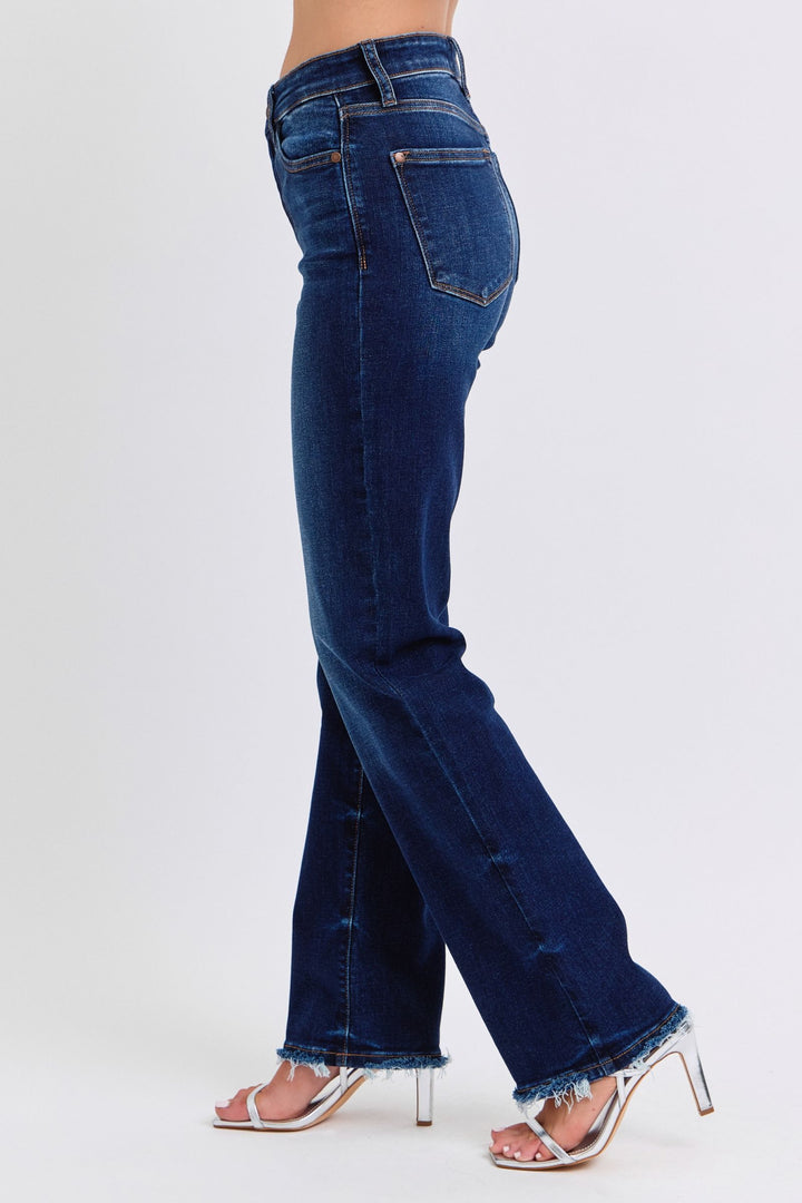 Judy Blue Jacqueline Mid Rise Frayed Hem Straight Leg Jean