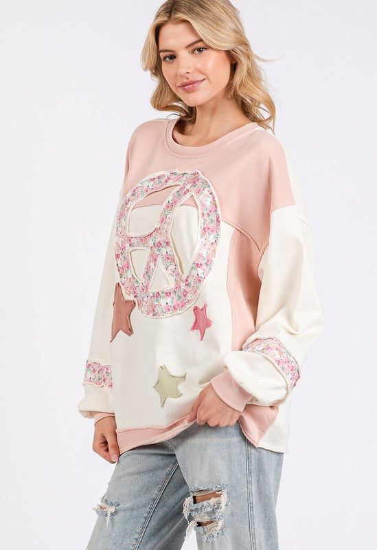 SAGE + FIG Peace & Star Patch Sweatshirt In Blush Pink