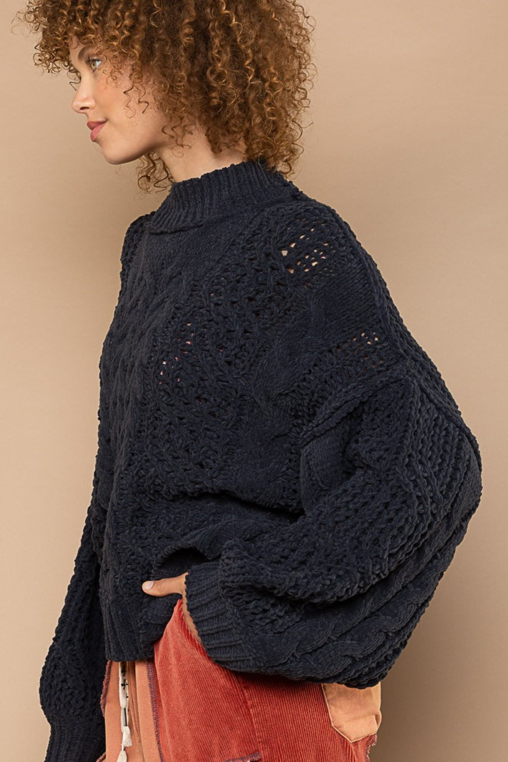 POL Mock Neck Cable Knit Sweater In Charcoal