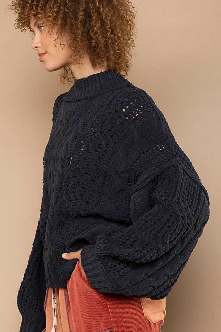 POL Mock Neck Cable Knit Sweater In Charcoal