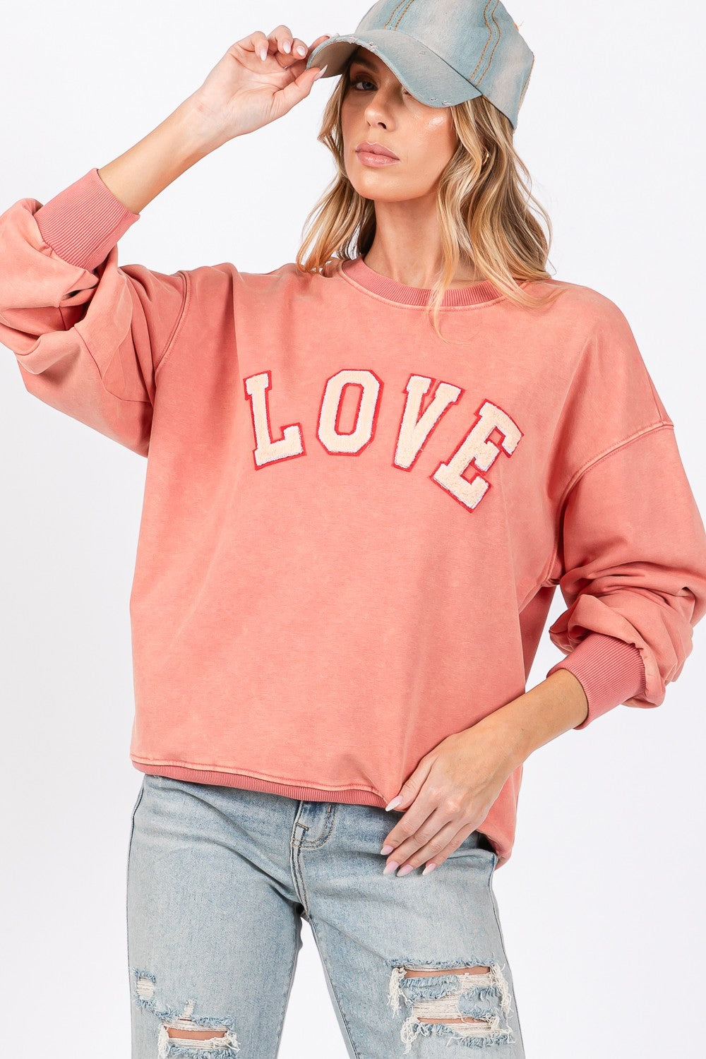 SAGE + FIG LOVE Path Applique Drop Shoulder Sweatshirt In Pink Orange