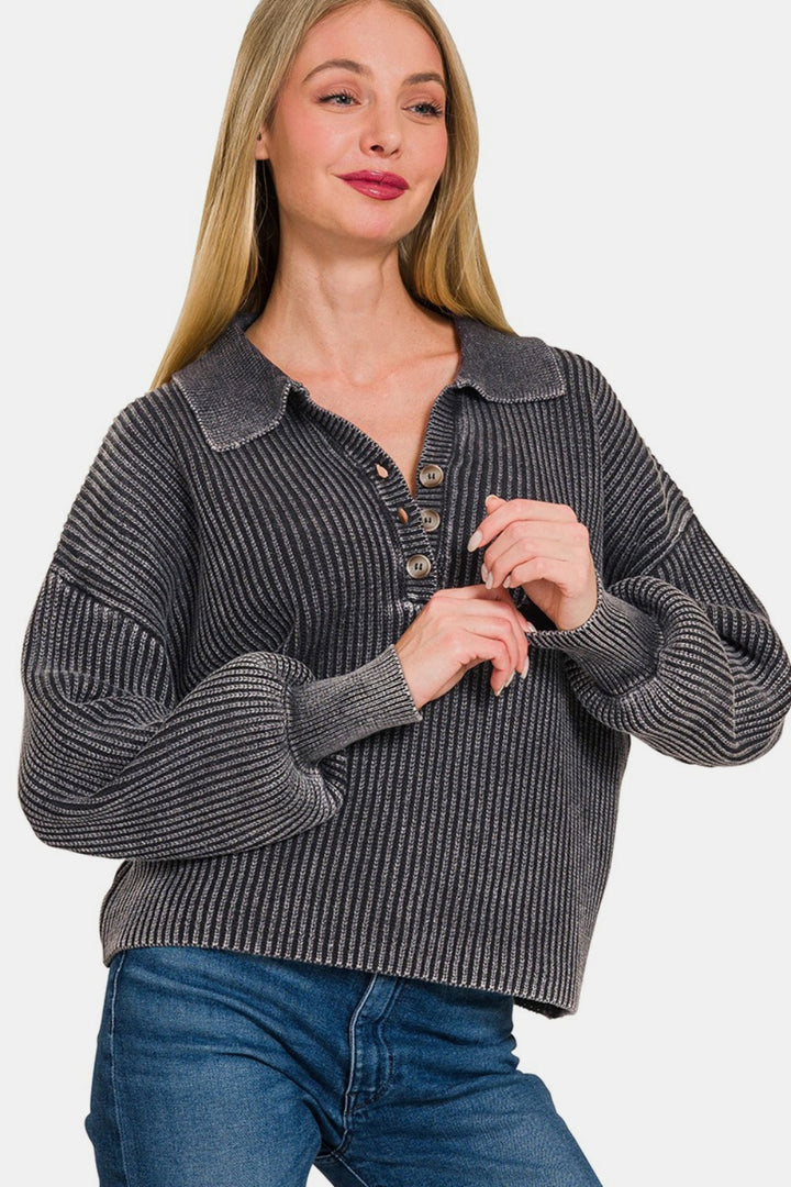 Zenana Washed Half Button Sweater In Black