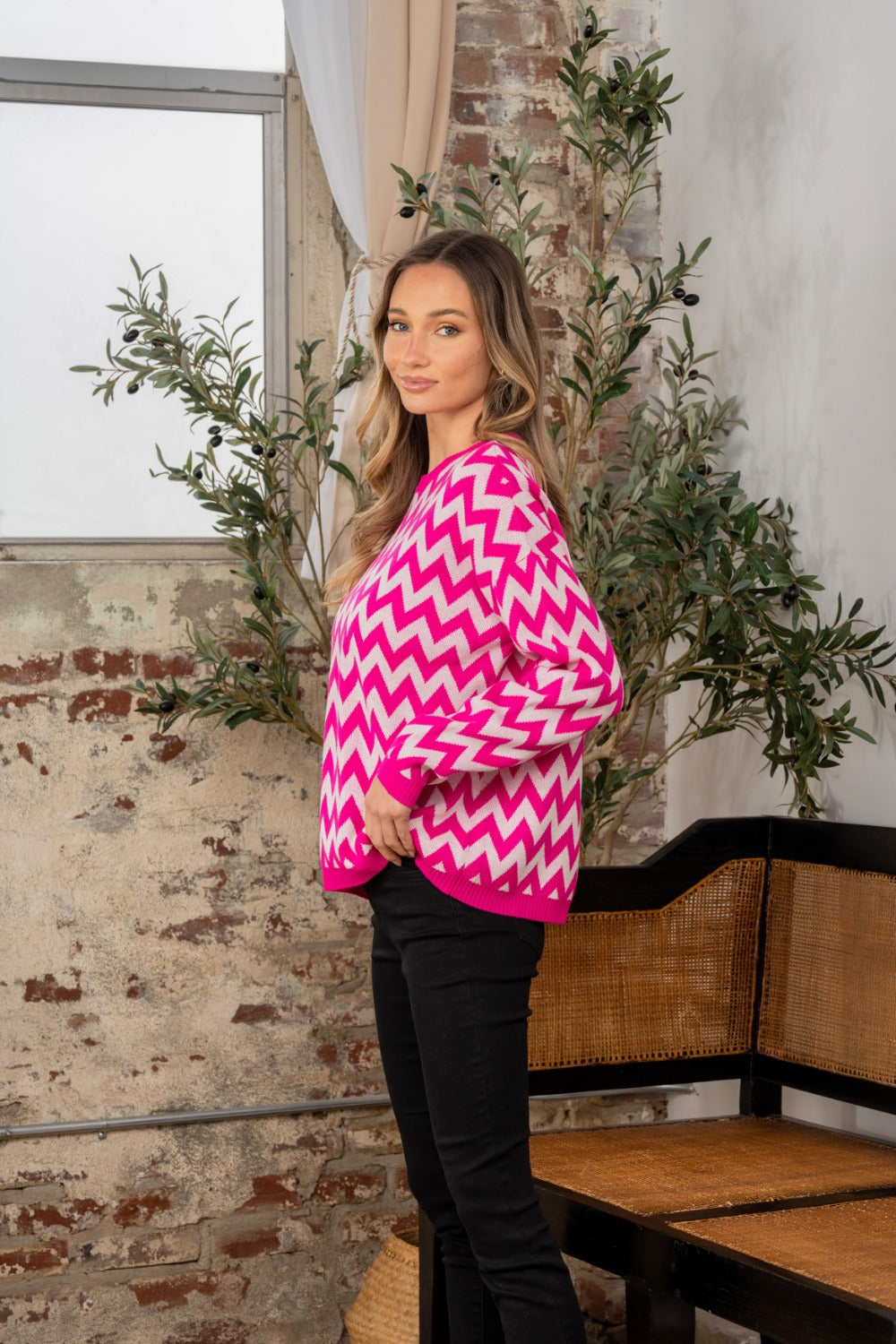 Sew In Love Wave Stripe Sweater In Fuchsia