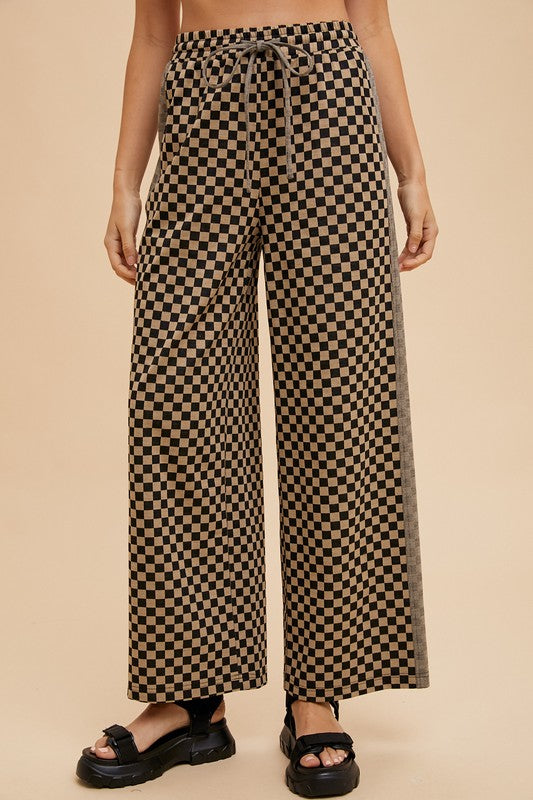 Annie Wear Drawstring Checkered Wide Leg Pants In Camel