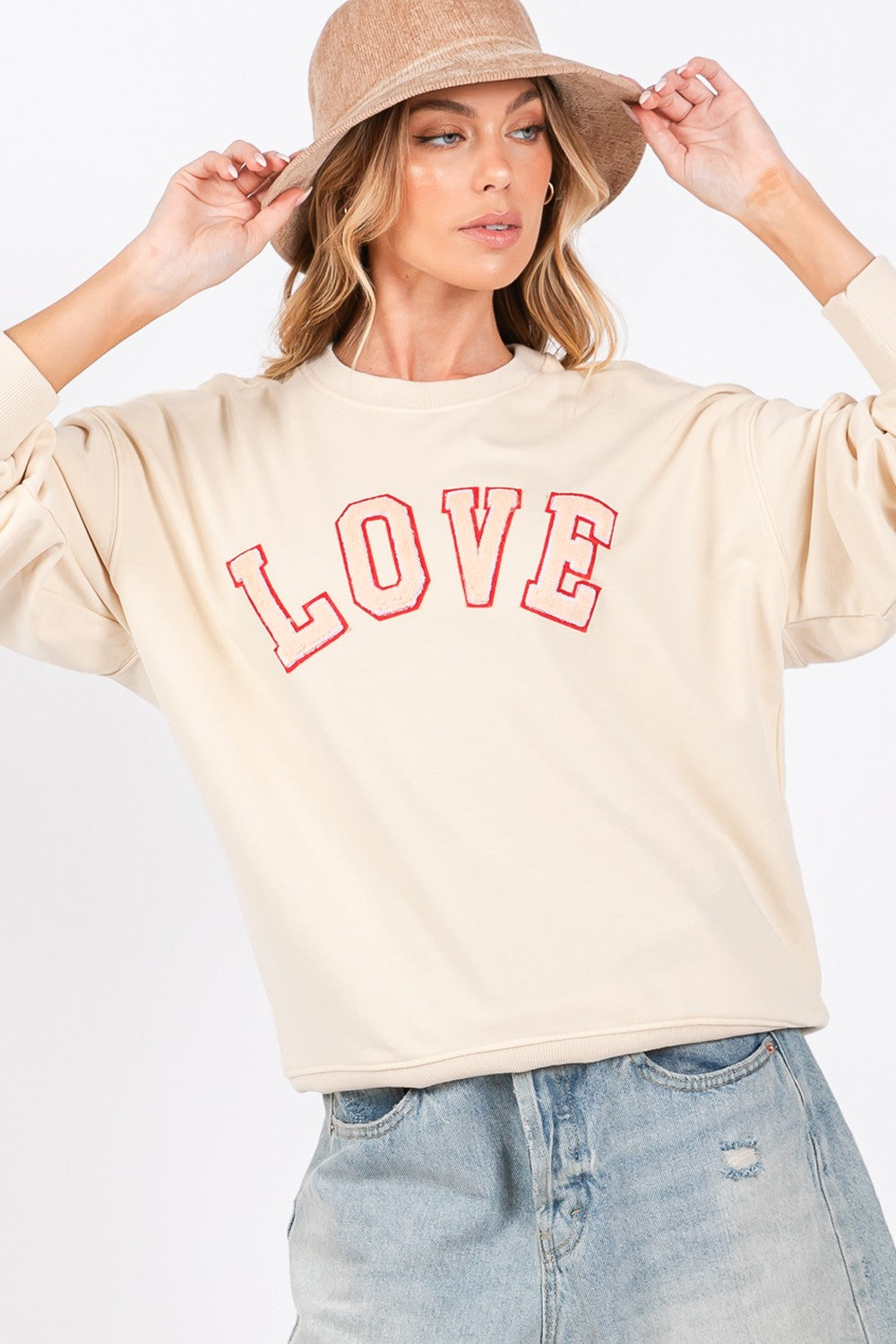 SAGE + FIG LOVE Path Applique Drop Shoulder Sweatshirt In Ivory