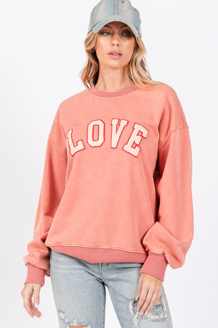 SAGE + FIG LOVE Path Applique Drop Shoulder Sweatshirt In Pink Orange