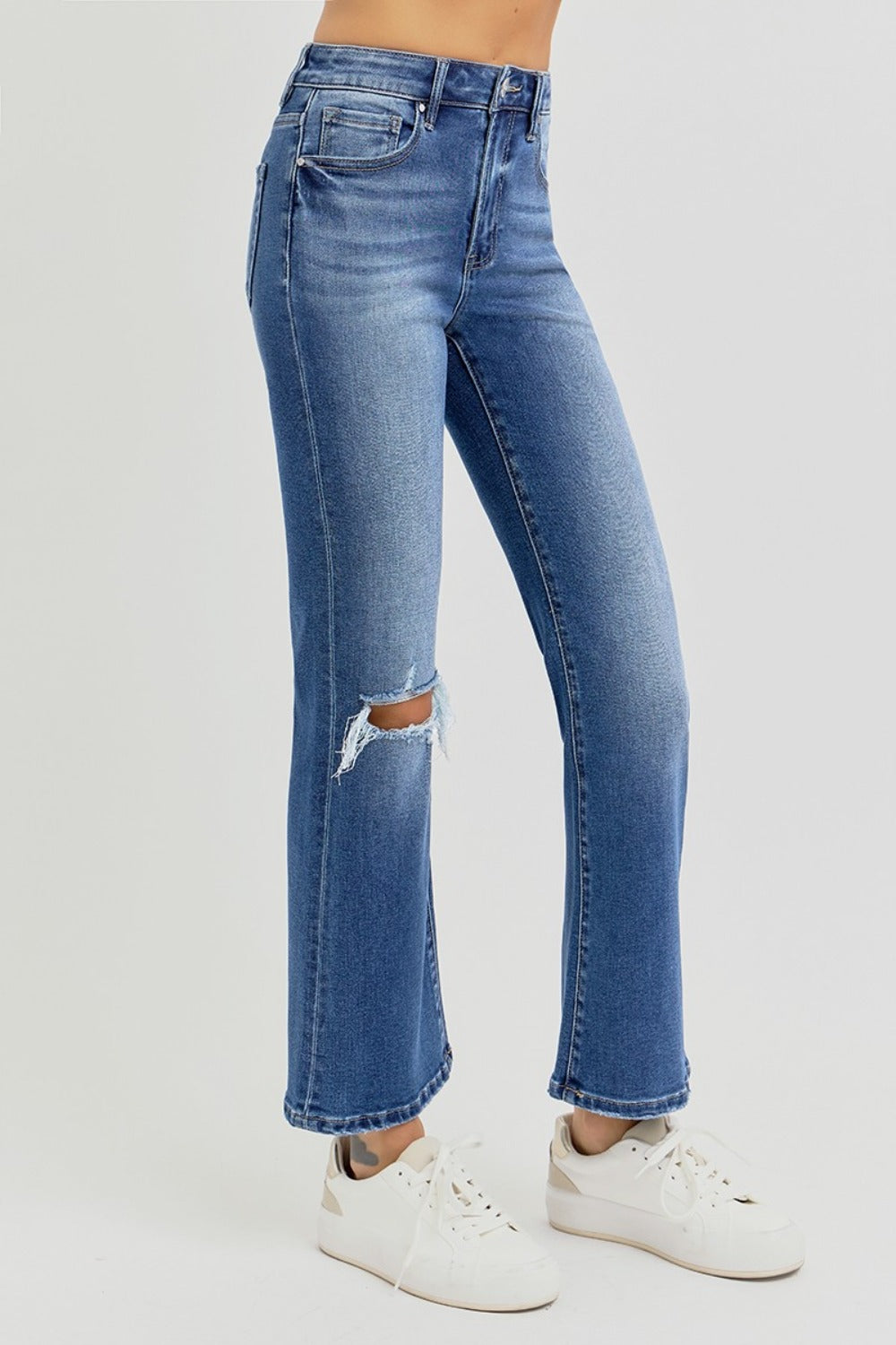 RISEN Distressed High Rise Crop Flare Jeans In Dark Wash