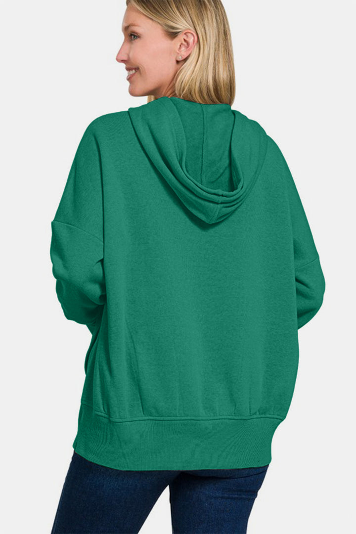 Zenana Half Snap Hoodie with Kangaroo Pocket In Dark Green