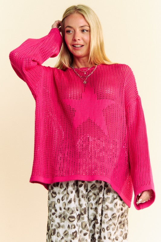 Davi & Dani Star Crochet Knit Top In Deep Rose