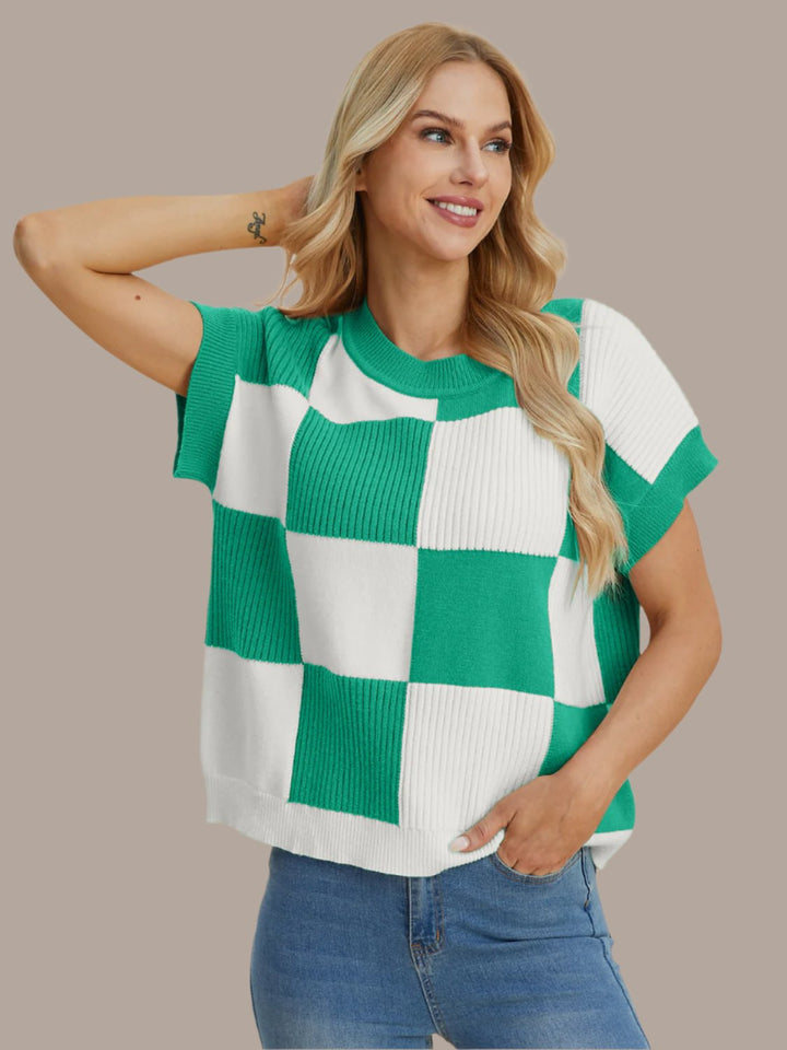 Double Take Checkered Short Sleeve Sweater