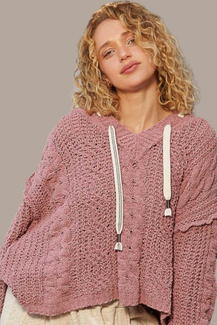 POL Cable Knit Hooded Chenille Sweater In red Bean Paste