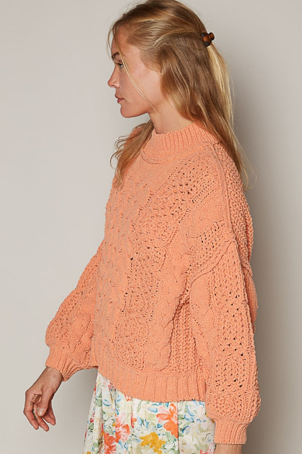 POL Mock Neck Cable Knit Sweater In Coral Tangerine