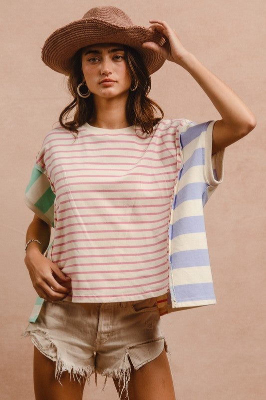 BiBi Slit Exposed Seam Striped Top In Pink