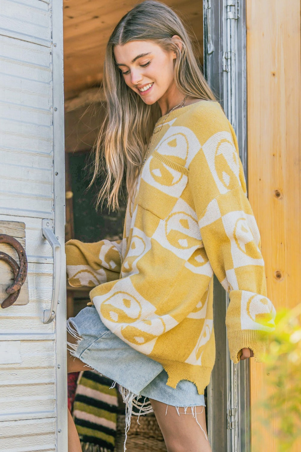 And The Why Checkerboard Sweater with Yin Yang Pattern In Mustard