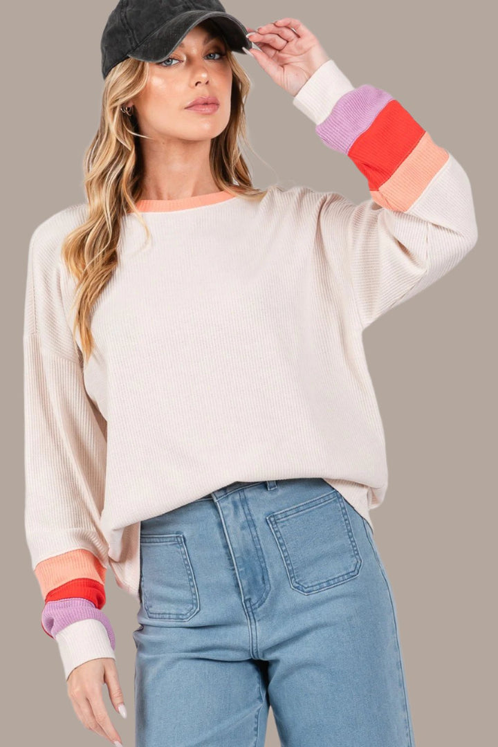 SAGE + FIG Color Block Waffle Knit Top In Sand