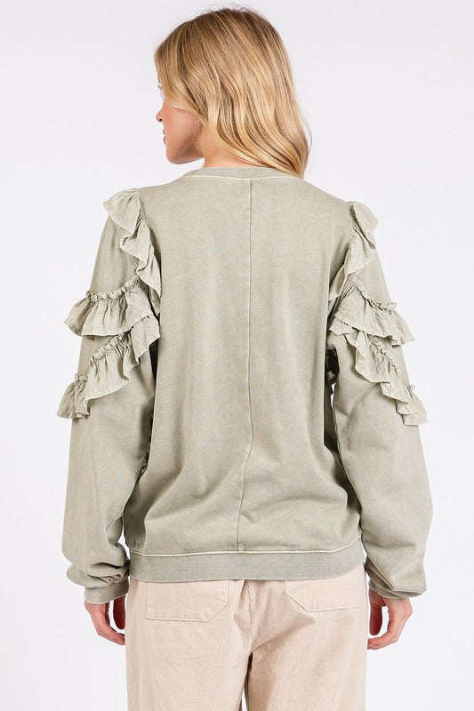 Mittoshop Ruffled Mineral Washed Sweatshirt In Sage