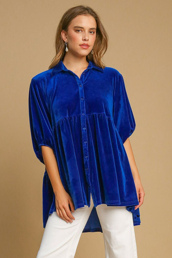 Umgee Button Down Tiered Top In Sapphire