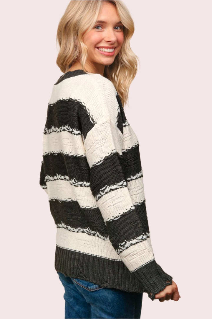 Haptics Striped Contrast Distressed Sweater In Charcoal