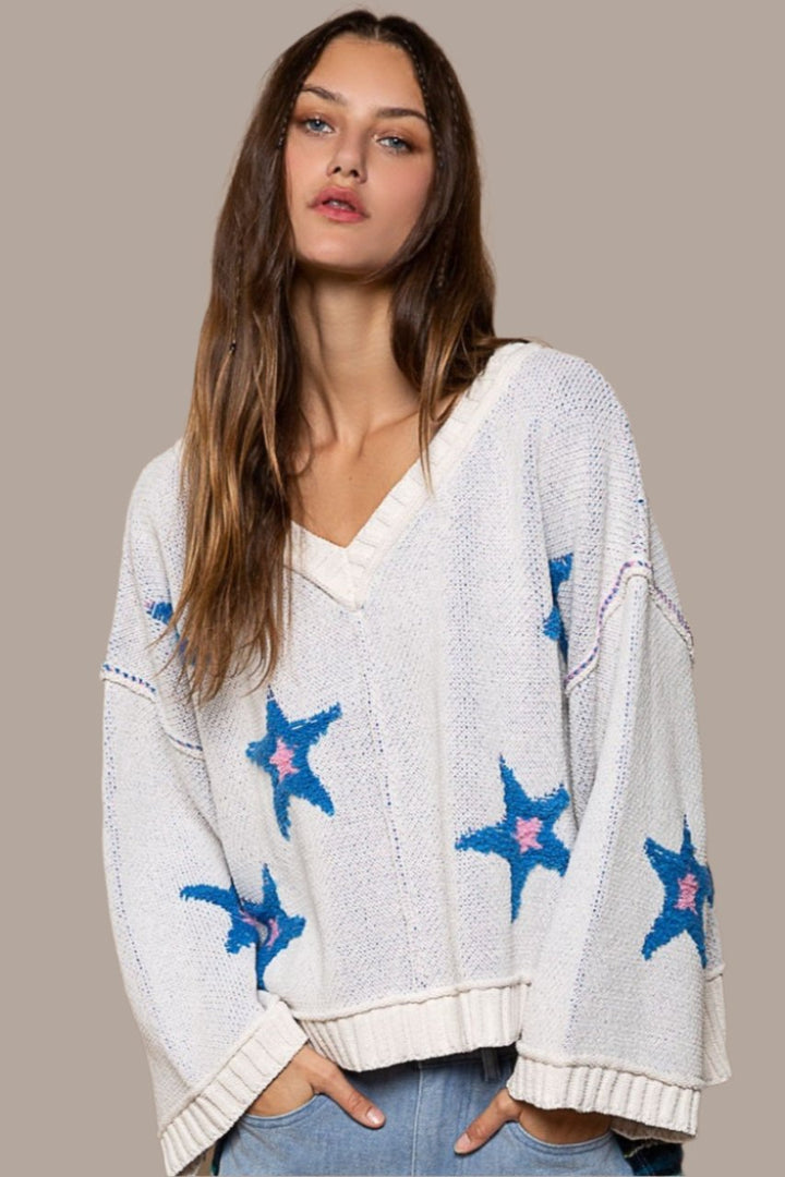 POL Long Sleeve Star Patch Sweater In White