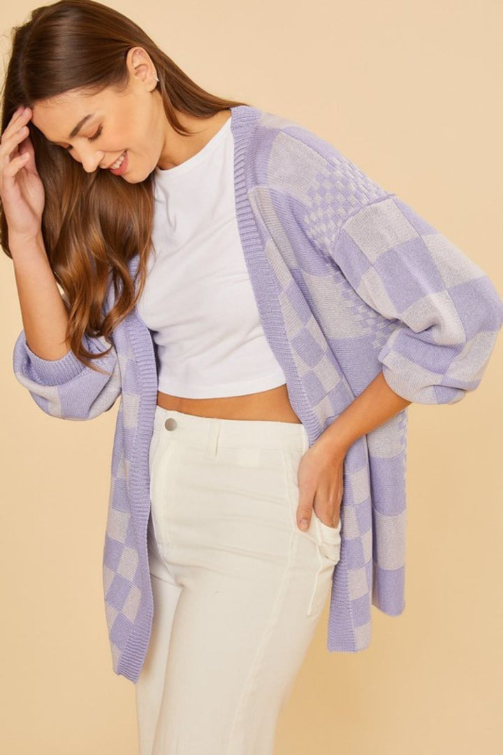 Annie Wear Checkered Cardigan In Lavender