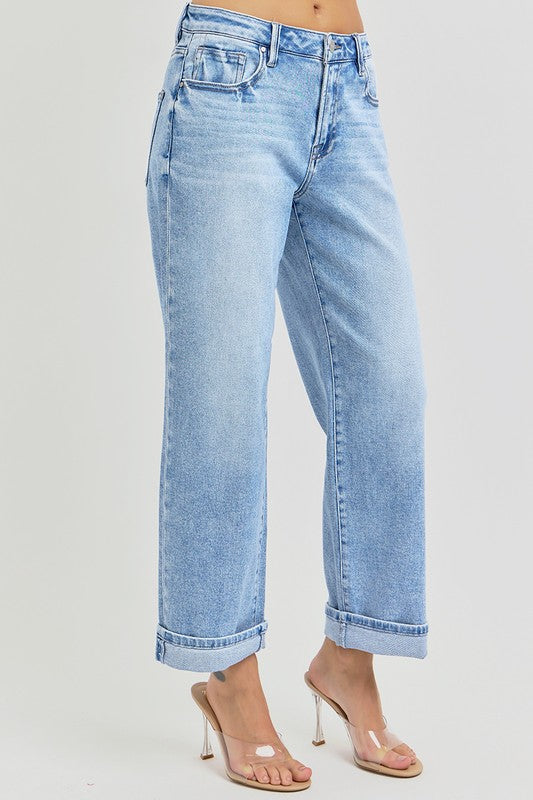 RISEN Ankle Wide Leg Cuffed Jeans In Light Wash