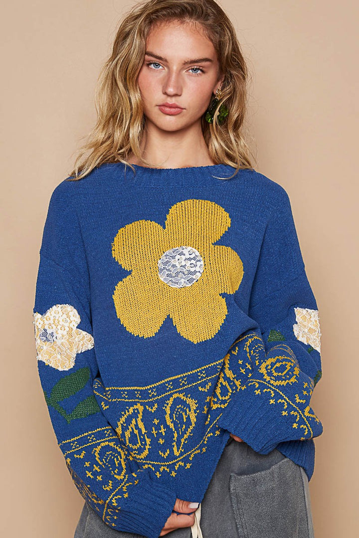 POL Flower Lace Patch Long Sleeve Sweater In Blue