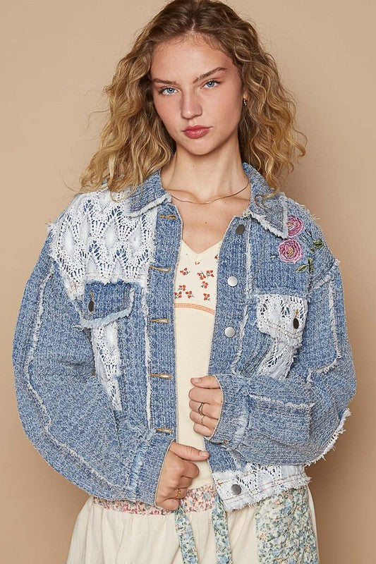 POL Crochet Patch Embroidered Button Up Jacket In Dusty