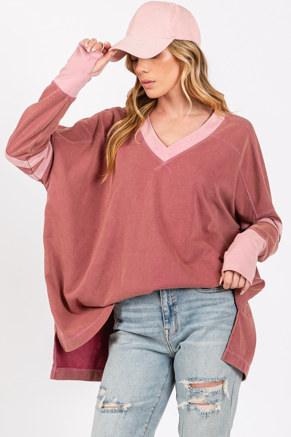 SAGE + FIG Mineral Wash Side Slit Contrast Top In Mulberry