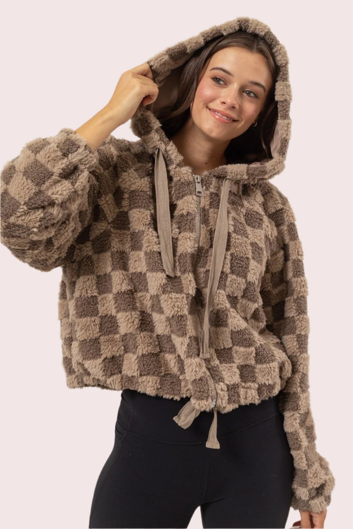 HYFVE Zip Up Sherpa Checkered Hooded Jacket In Mocha