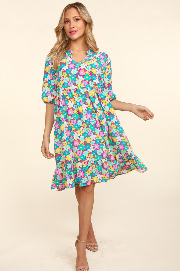 Sea Bubble Sleeve Floral Ruffled Dress