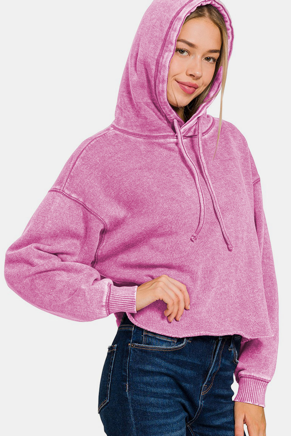 Zenana Acid Wash Fleece Cropped Hoodie In Mauve