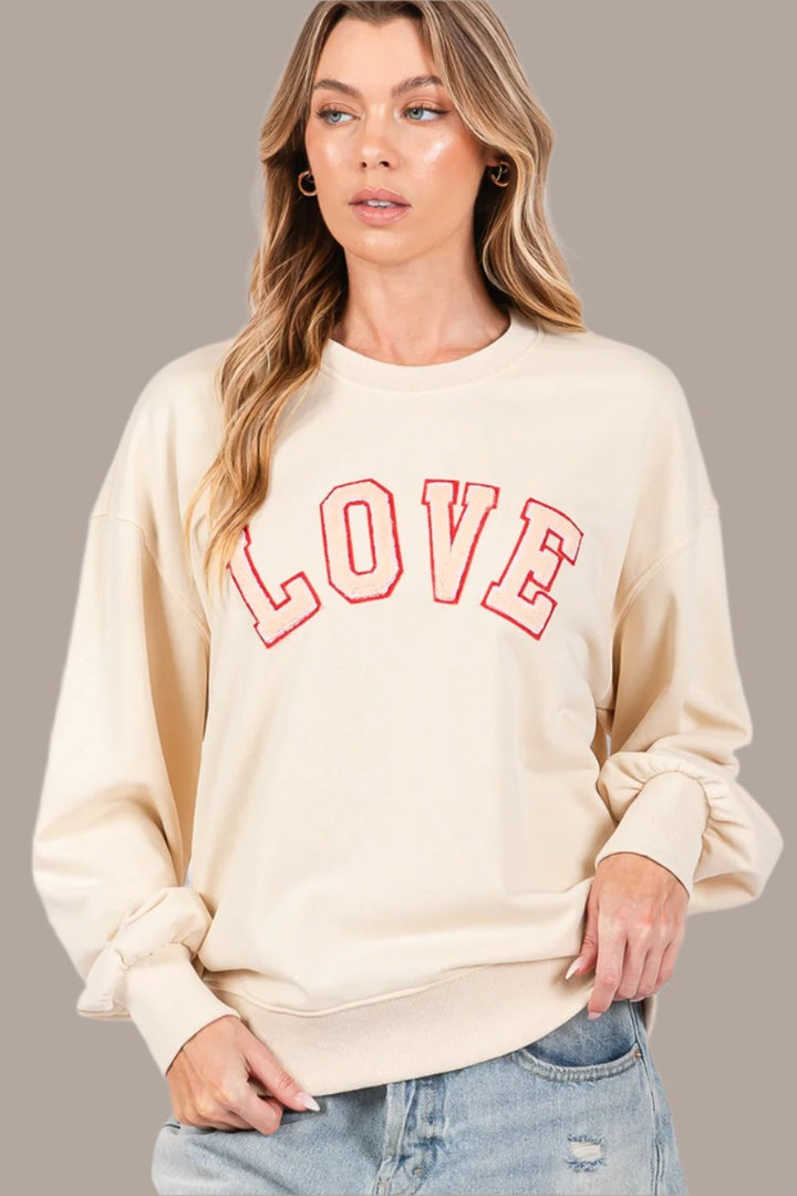 SAGE + FIG LOVE Path Applique Drop Shoulder Sweatshirt In Ivory