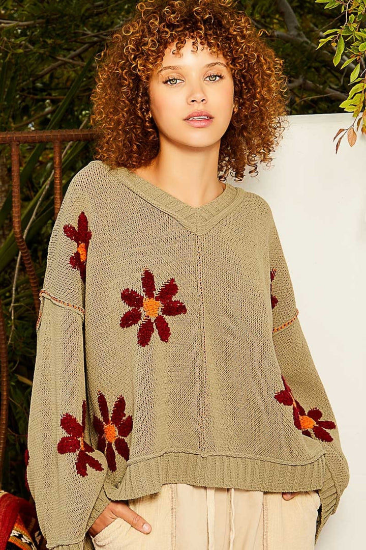 POL V-Neck Floral Pattern Chenille Sweater In Olive