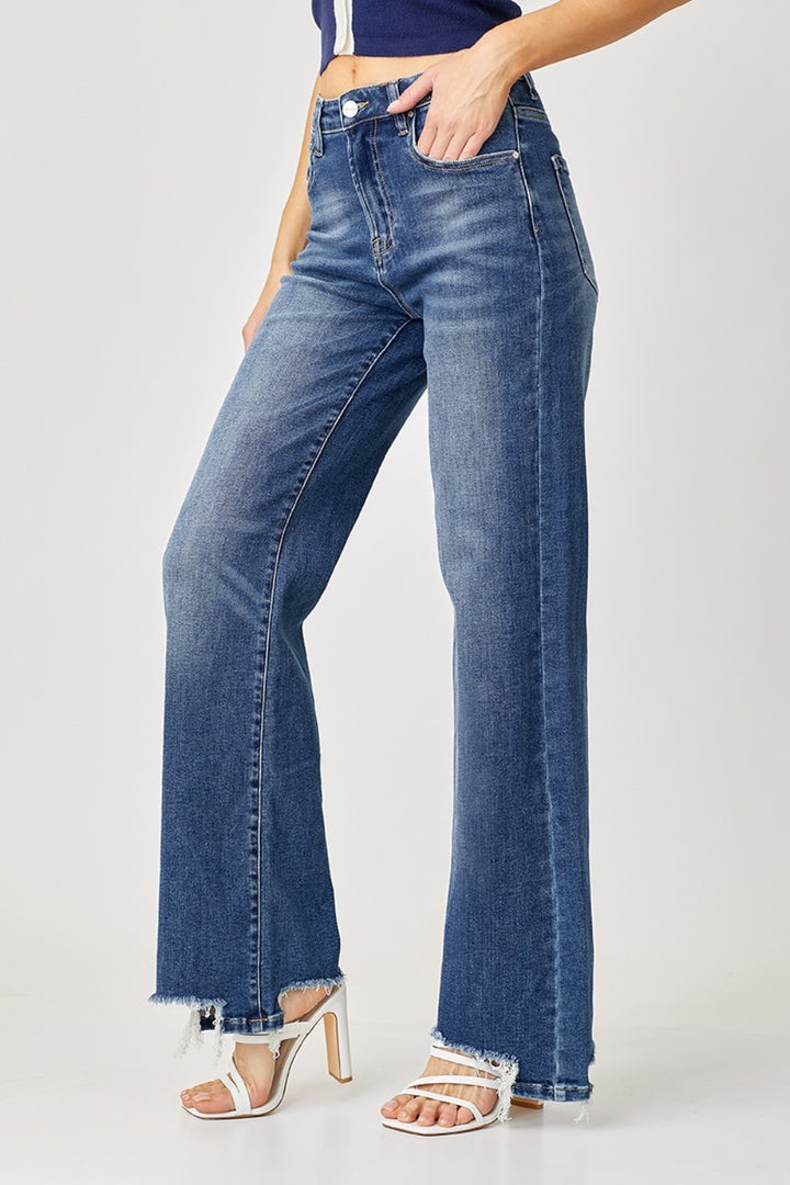 Risen Reece High Rise Frayed Hem Wide Leg Jeans