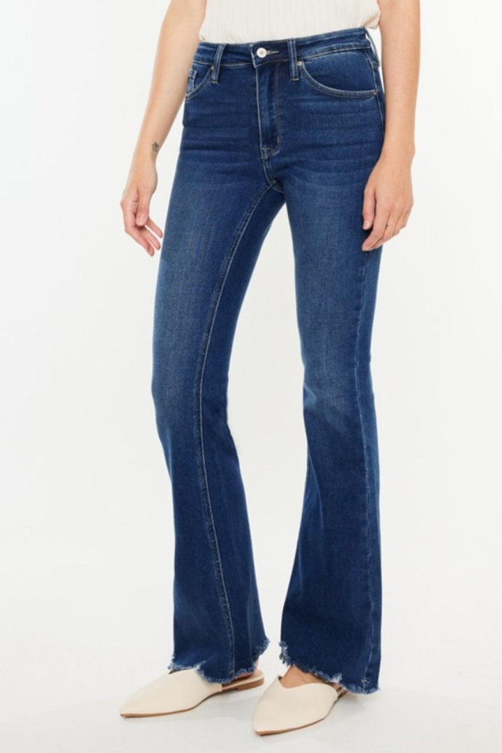 Kancan Cat's Whiskers Raw Hem Flare Jeans In Dark Wash